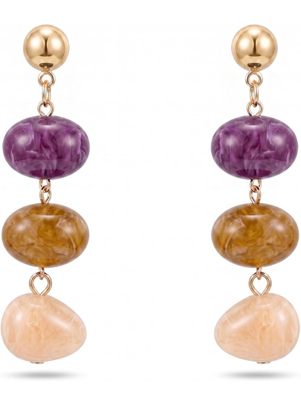 Gold-Tone Drop Earrings with Purple, Amber and Cream Beads